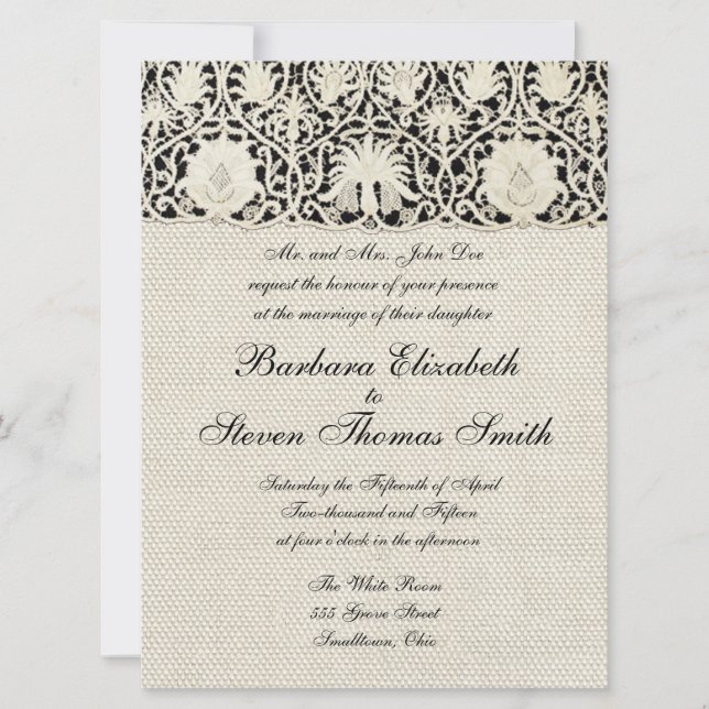Invitation Mariage Antique Dentelle Lin Blanc Classique Joli (Devant)