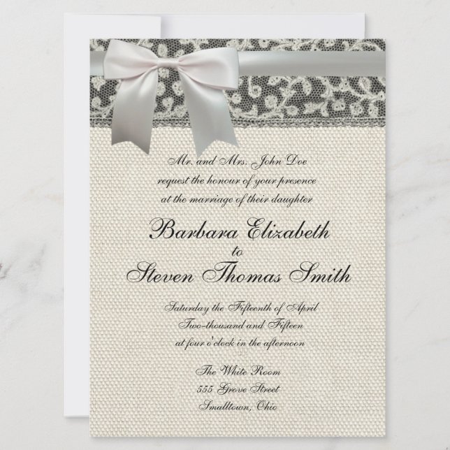 Invitation Mariage Antique Dentelle Lin Blanc Classique Joli (Devant)