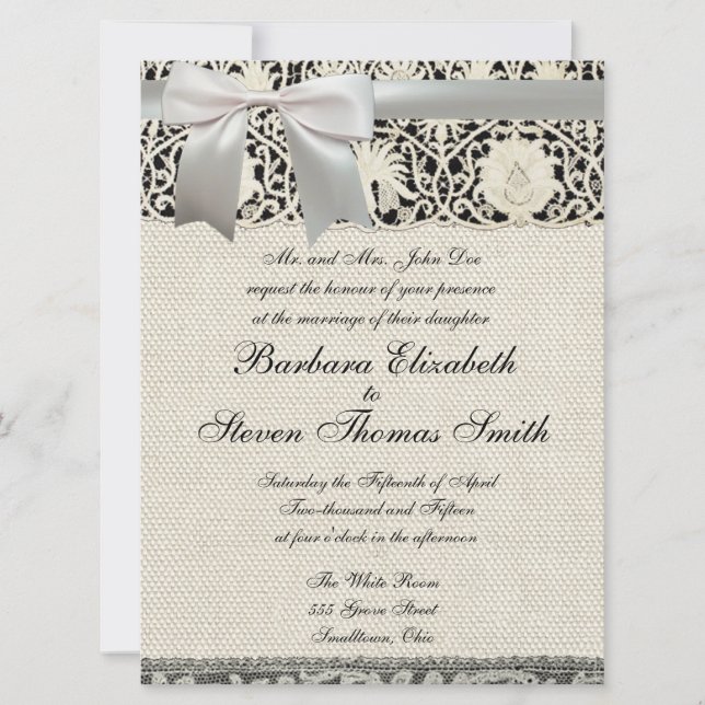 Invitation Mariage Antique Dentelle Lin Blanc Classique Joli (Devant)