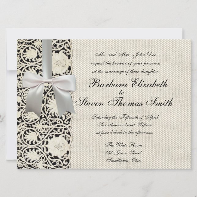 Invitation Mariage Antique Dentelle Lin Blanc Classique Joli (Devant)