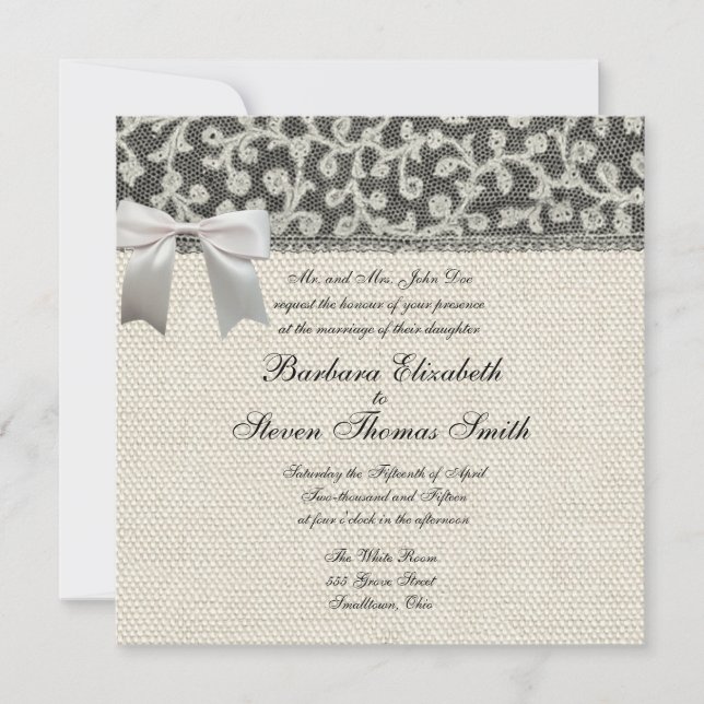 Invitation Mariage Antique Dentelle Lin Blanc Classique Joli (Devant)