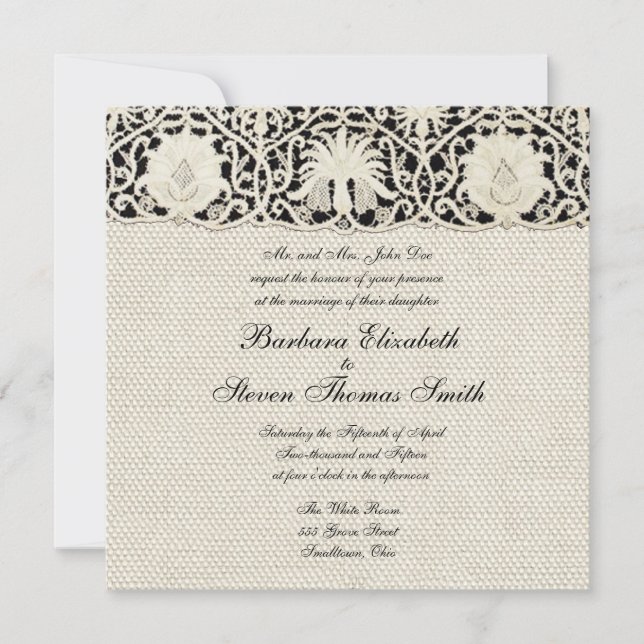 Invitation Mariage Antique Dentelle Lin Blanc Classique Joli (Devant)