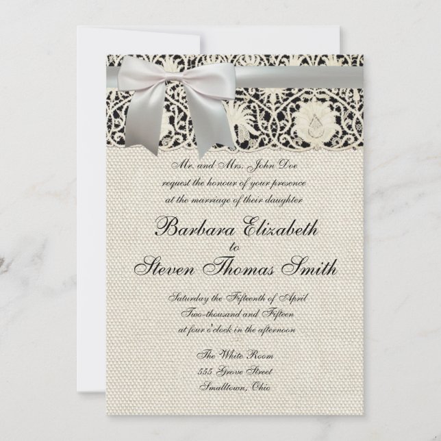 Invitation Mariage Antique Dentelle Lin Blanc Classique Joli (Devant)
