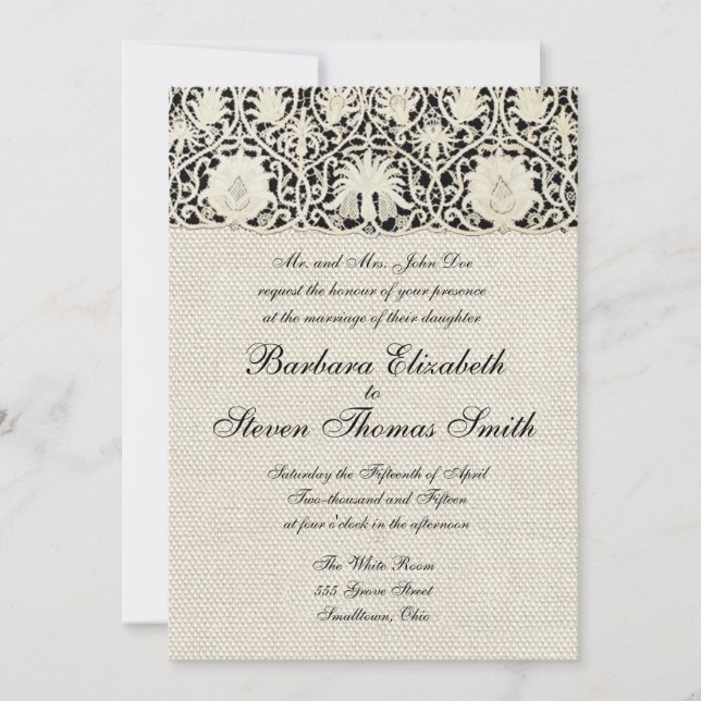 Invitation Mariage Antique Dentelle Lin Blanc Classique Joli (Devant)