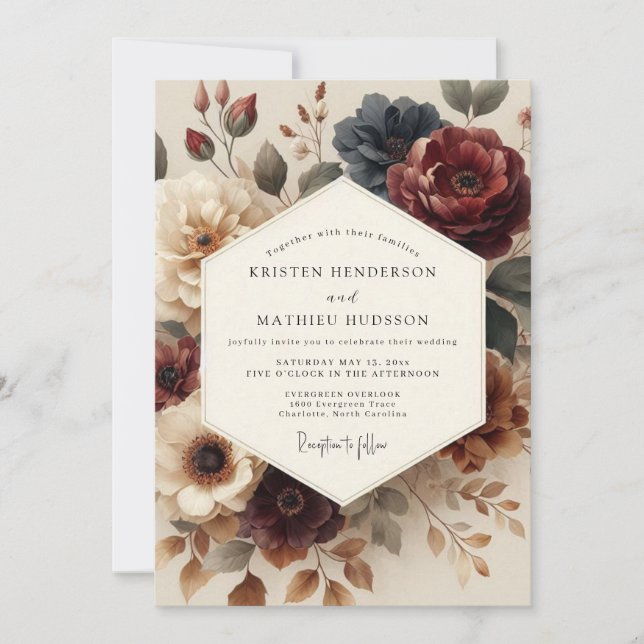 Invitation Mariage Antique Fleurie Bourgogne (Devant)