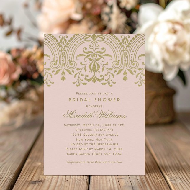 Invitation Mariage Antique Or Rose Pâle de Damas Doré (Créateur téléchargé)