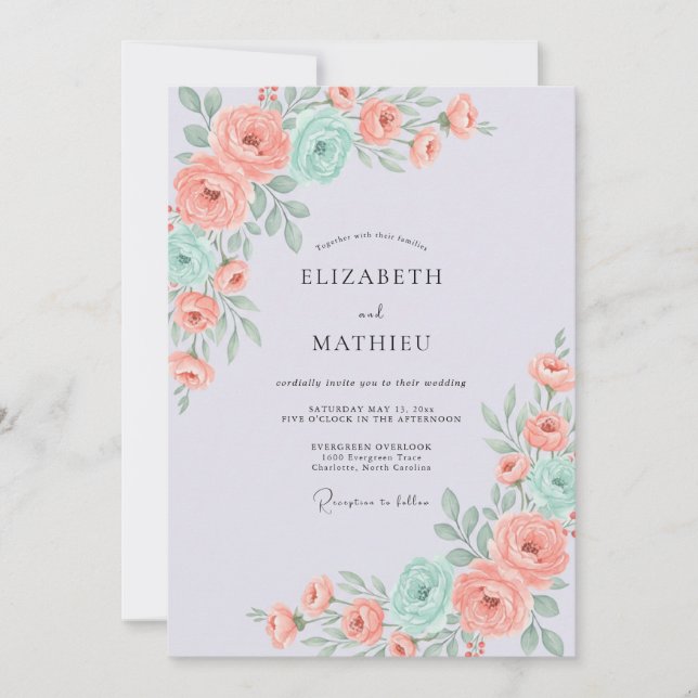 Invitation Mariage Antique Rose Menthe Corail (Devant)