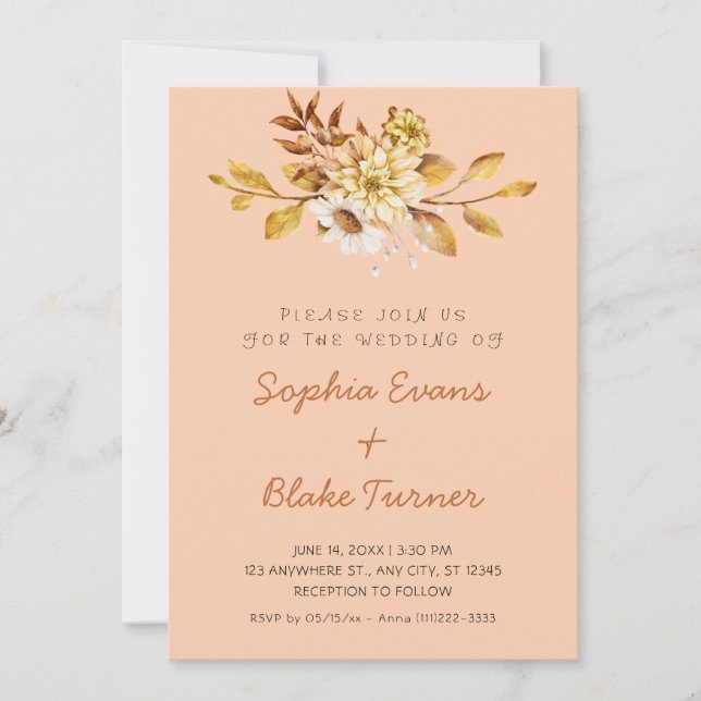 Invitation Mariage Antique Rustique Douce Fleurie Orange Clai (Devant)