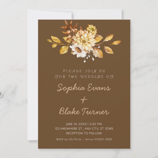 Invitation Mariage Antique Rustique Fleurs Douces Brun Foncé (Devant)