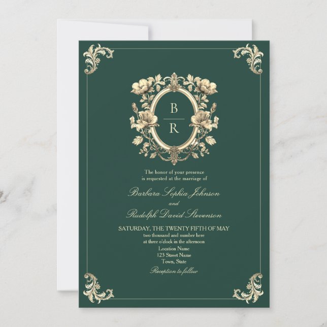 Invitation Mariage Antique Vert Émeraude (Devant)