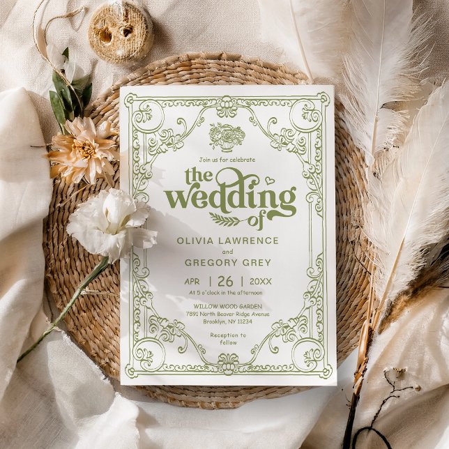 Invitation mariage antique vintage Olive Green (Créateur téléchargé)