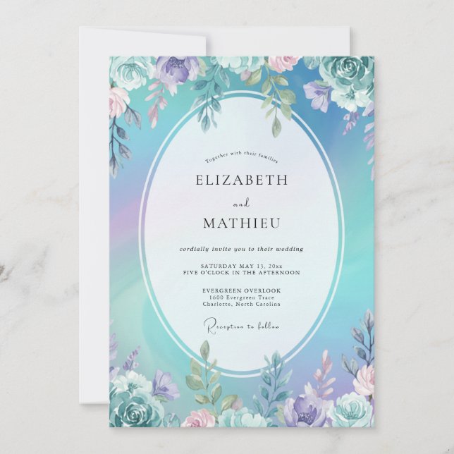 Invitation Mariage Aqua Améthyste Pivoine (Devant)