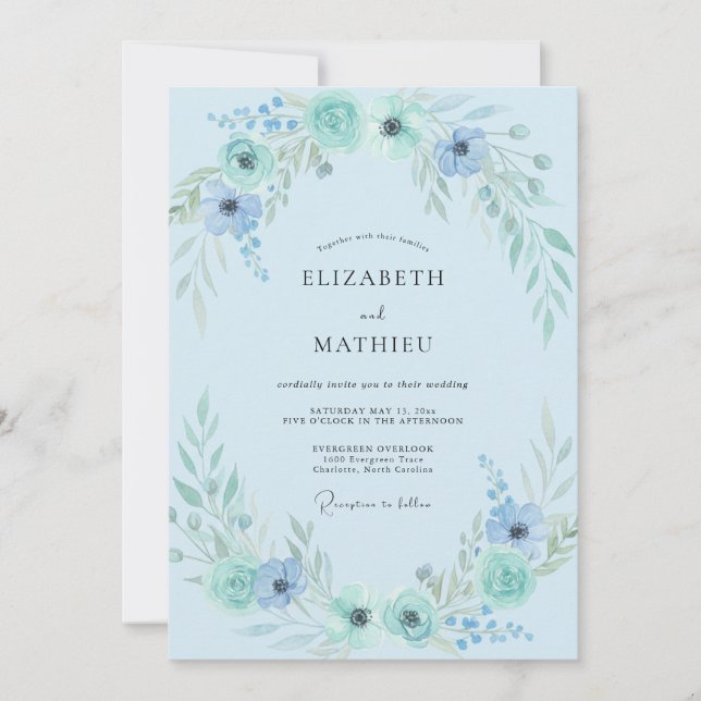 Invitation Mariage Aqua Azur Feuillage Eucalyptus (Devant)