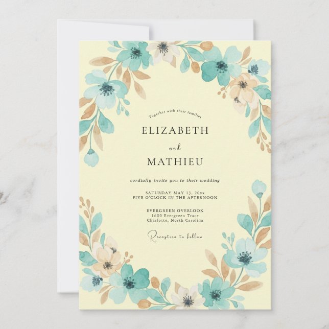 Invitation Mariage Aqua Beurre Feuillage Sage (Devant)