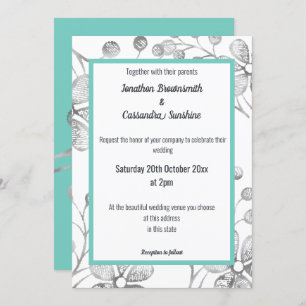 Invitation Mariage AQUA BLANC EN ARGENT BOTANIQUE ÉLÉGANT