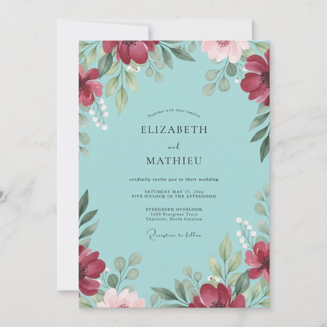 Invitation Mariage Aqua Bourgogne Coquelicot (Devant)