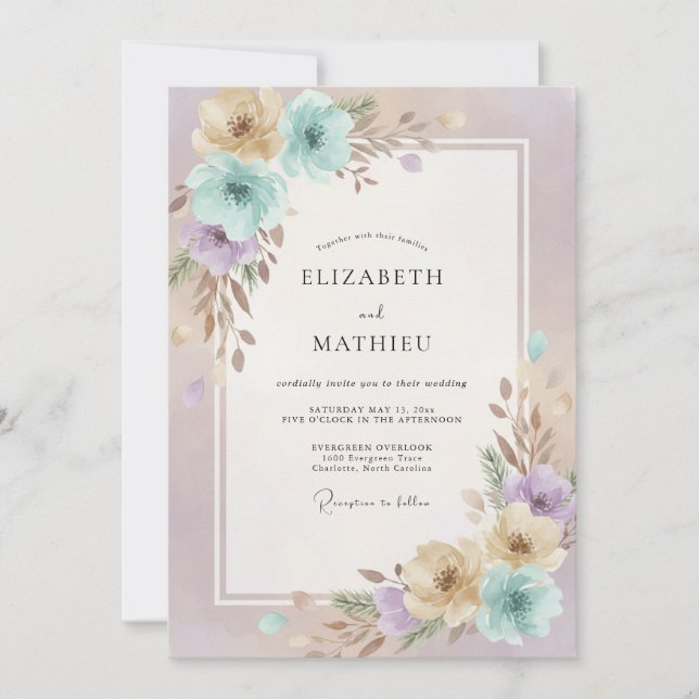 Invitation Mariage Aqua Champagne Ranunculus Eucalyptus (Devant)