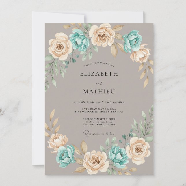 Invitation Mariage Aqua Champagne Ranunculus Eucalyptus Muté (Devant)