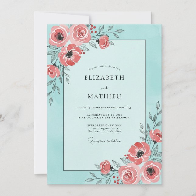 Invitation Mariage Aqua Corail Ranunculus Eucalyptus (Devant)