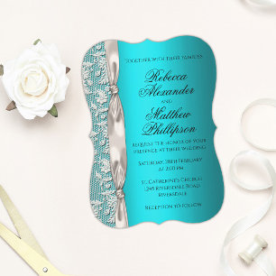 Invitation Mariage Aqua en dentelle blanche et en satin