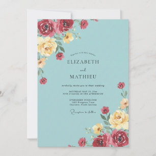 Invitation Mariage aqua et Bourgogne Pivoine