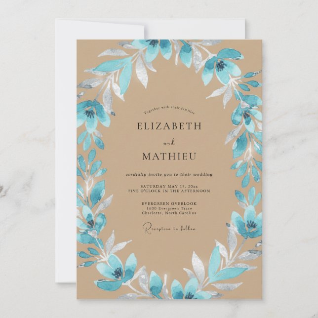 Invitation Mariage Aqua Feuillage Beige (Devant)