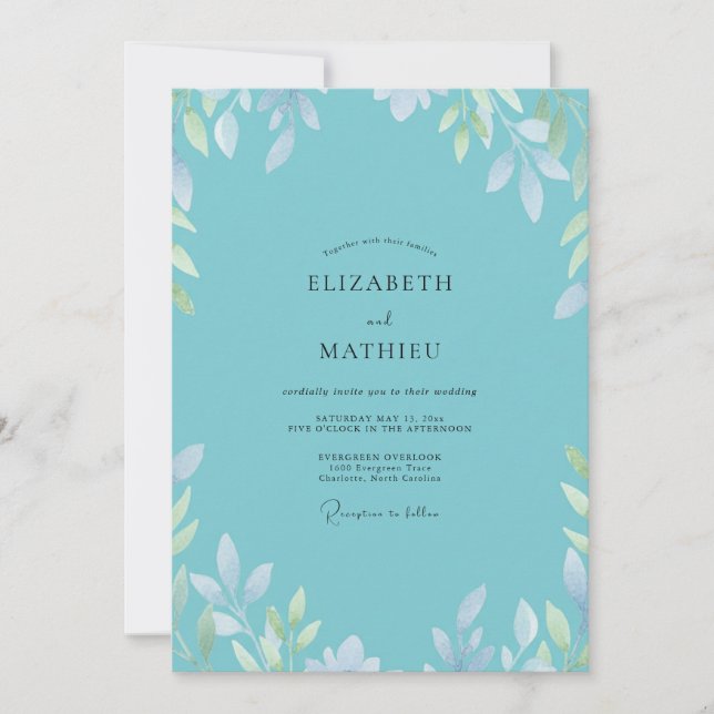 Invitation Mariage Aqua Feuille d'Argent (Devant)