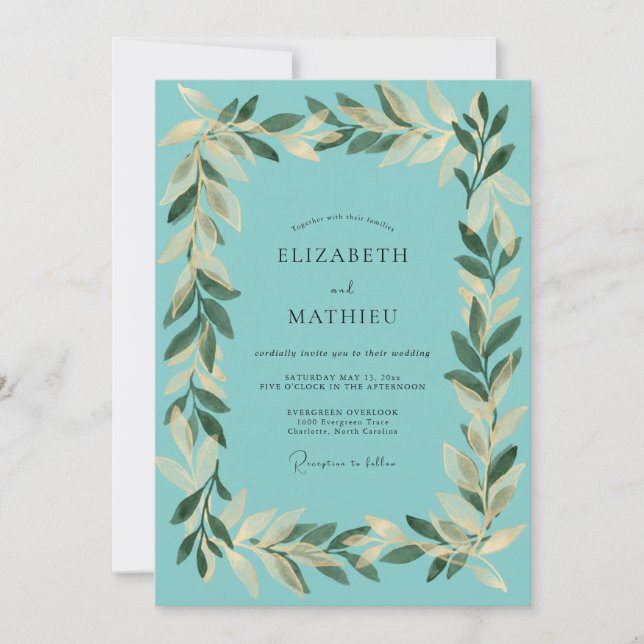 Invitation Mariage Aqua Feuille d'Or (Devant)