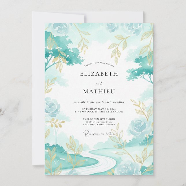 Invitation Mariage Aqua Feuille D'or (Devant)