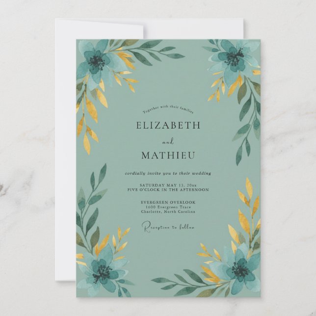 Invitation Mariage Aqua Feuille Dorée (Devant)