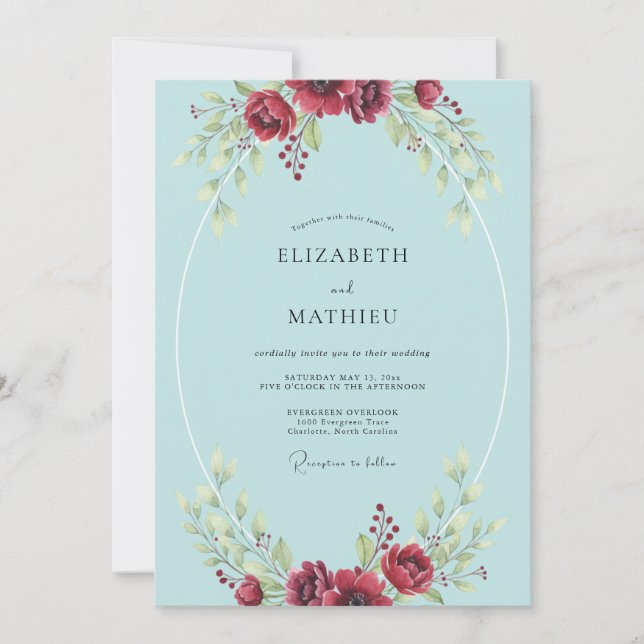 Invitation Mariage Aqua Fleur Cramoisie (Devant)