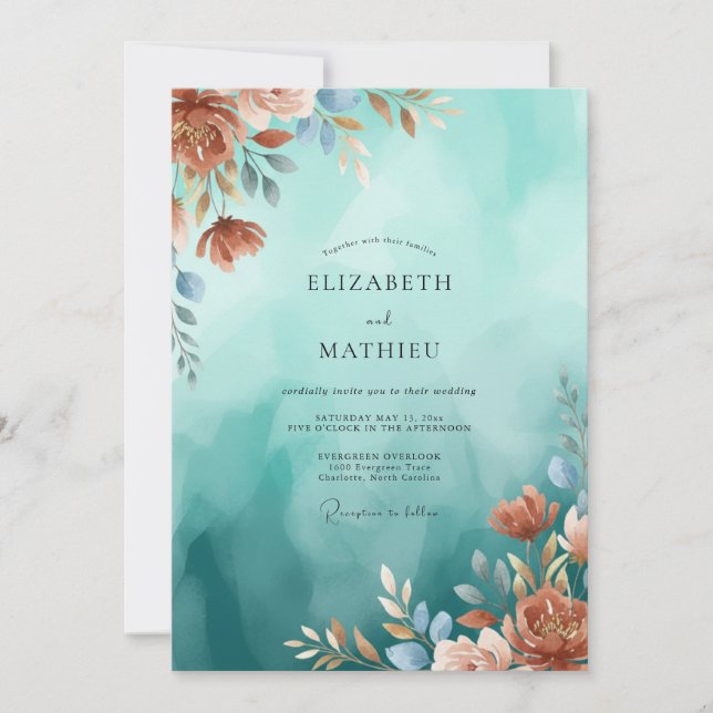 Invitation Mariage Aqua Fleur de Cuivre (Devant)