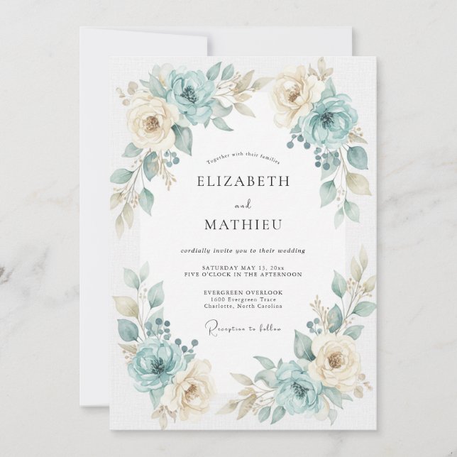 Invitation Mariage Aqua Gold Ranunculus Eucalyptus (Devant)