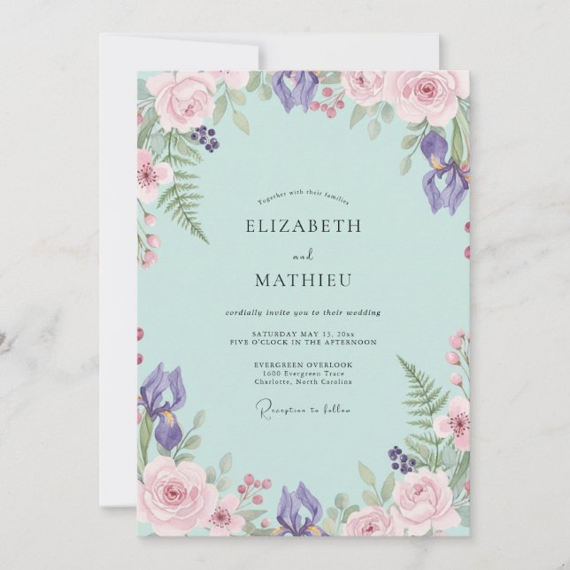 Invitation Mariage Aqua Iris Pourpre Eucalyptus (Devant)