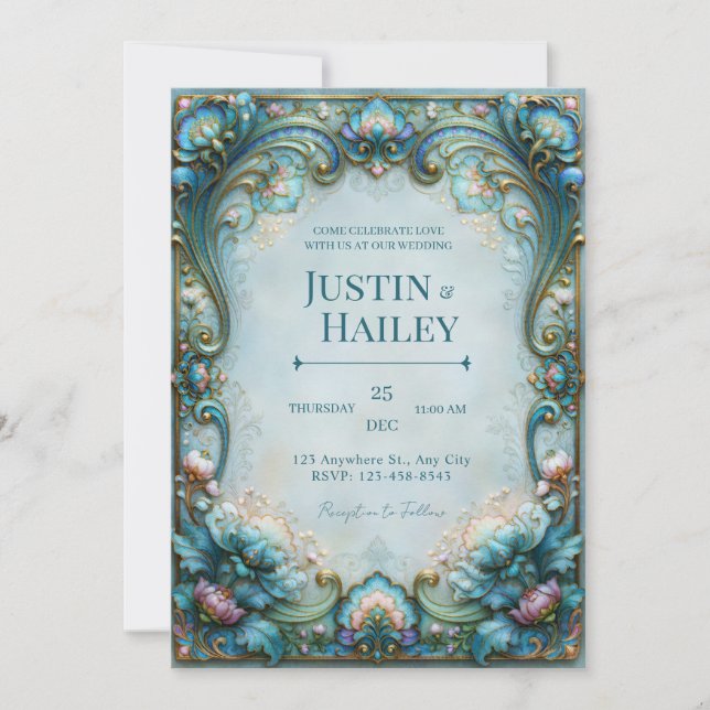 Invitation Mariage Aqua Lotus Filigrane (Devant)