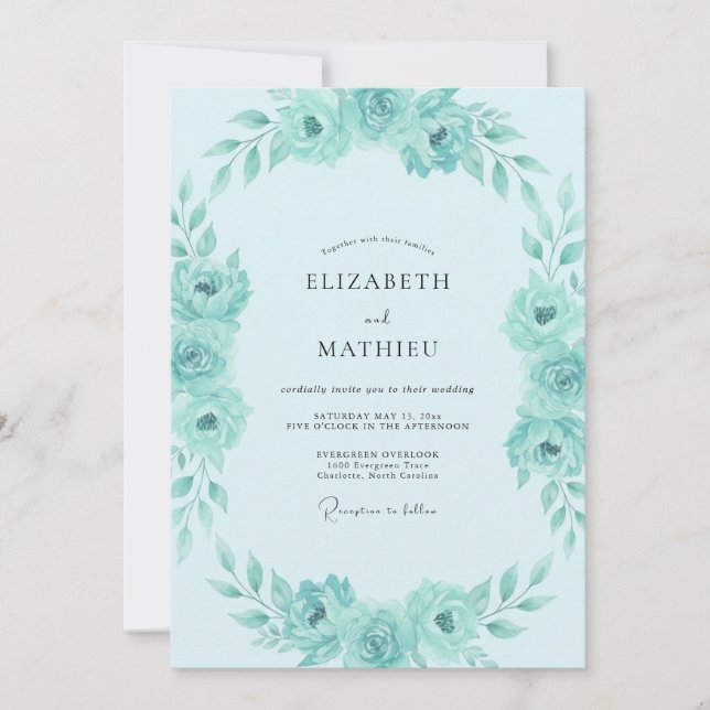 Invitation Mariage Aqua Menthe Feuillage Doux Eucalyptus (Devant)