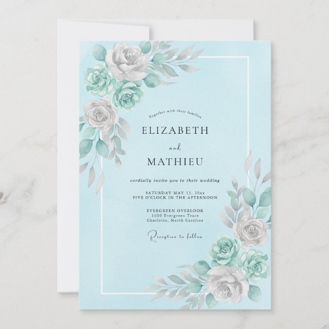 Invitation Mariage Aqua Menthe Pivoine (Devant)