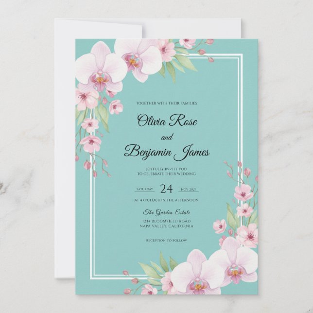 Invitation Mariage Aqua Orchidée Rose (Devant)