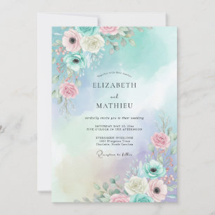 Invitation Mariage Aqua Pêche Ranunculus Eucalyptus
