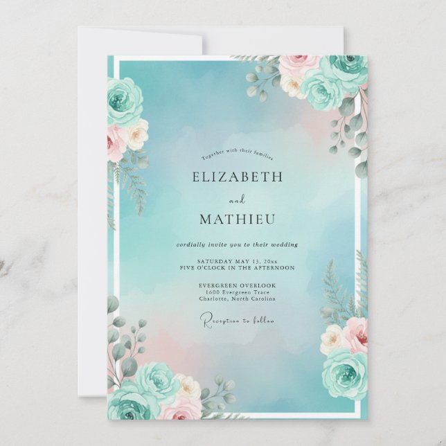 Invitation Mariage Aqua Péché Succulent Eucalyptus (Devant)