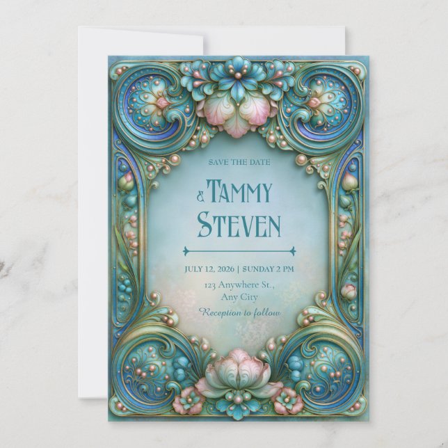 Invitation Mariage Aqua Perle Lotus (Devant)