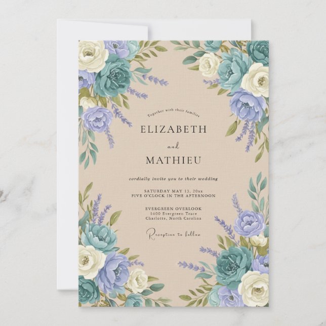 Invitation Mariage Aqua Pervenche Pivoine (Devant)