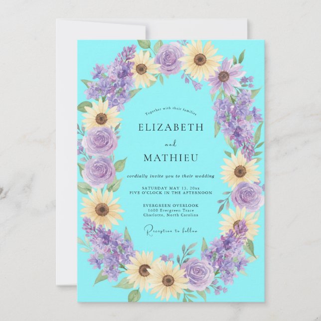 Invitation Mariage Aqua Pervenche Tournesol Eucalyptus (Devant)
