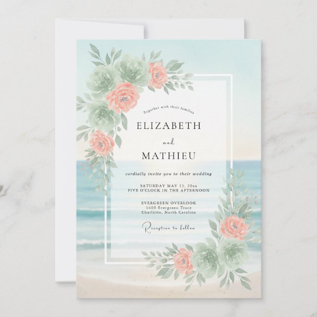 Invitation Mariage Aqua Pivoine Pêche (Devant)