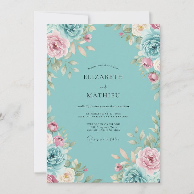 Invitation Mariage Aqua Rose Pivoine (Devant)