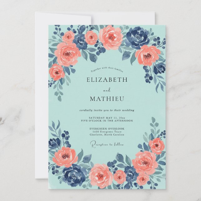 Invitation Mariage Aqua Rouge Corail Pivoine (Devant)