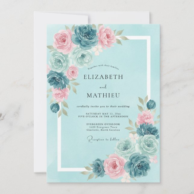 Invitation Mariage Aqua Rouge-gorge Ranunculus Eucalyptus (Devant)