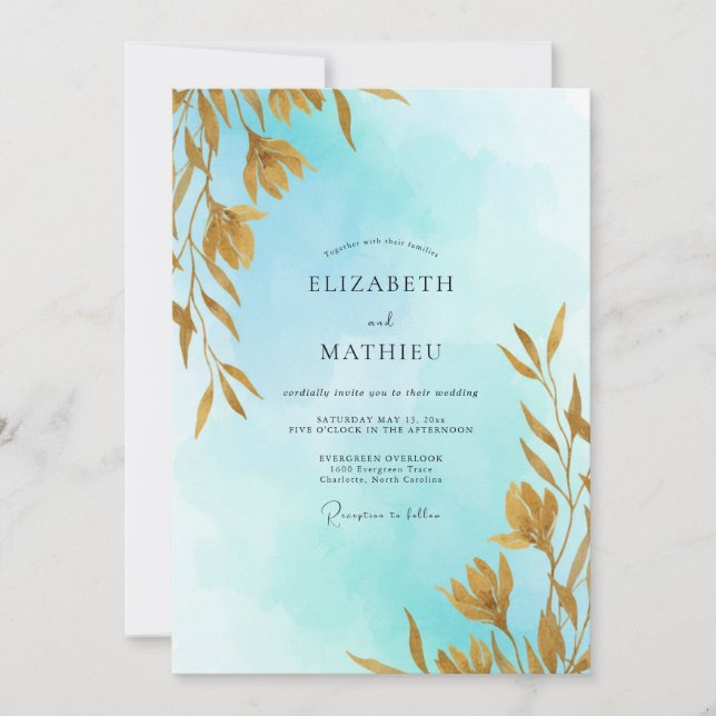 Invitation Mariage Aqua Soft Gold Leafy (Devant)