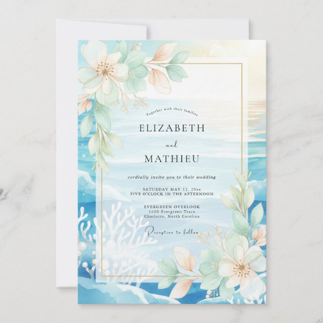 Invitation Mariage Aqua Tropical Corail Eucalyptus (Devant)