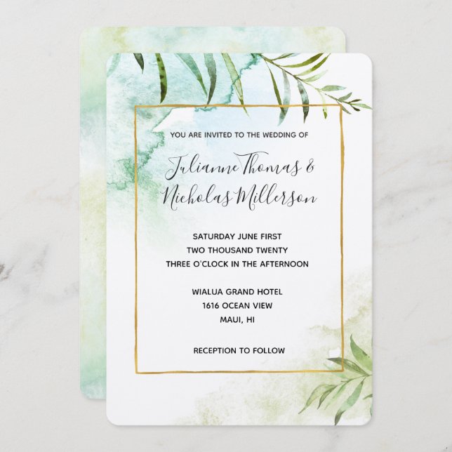 Invitation Mariage Aqua Tropical Feuille Watercolor (Devant / Derrière)